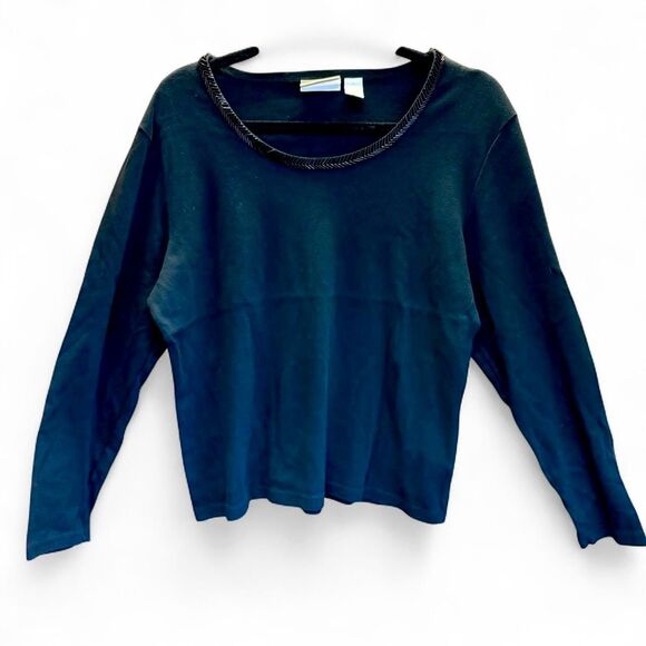 90s Vintage Liz Claiborne 100% Cotton Beaded Chevron Pattern Neckline Top XL - Picture 2 of 6